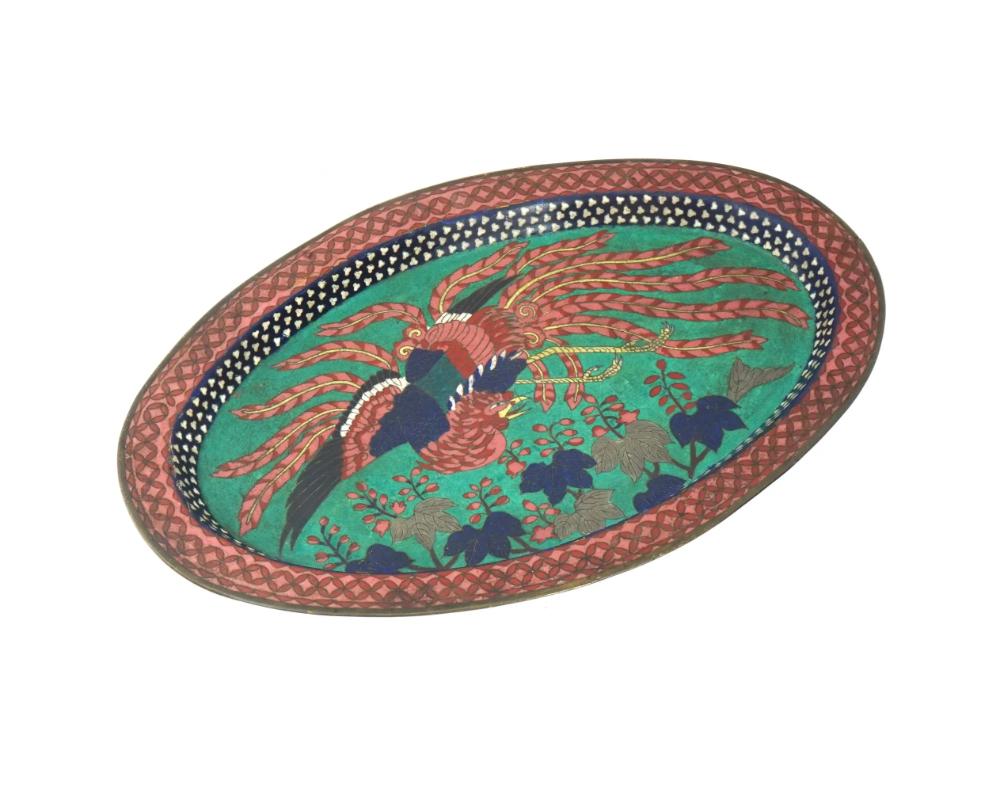 Cloissoné Antique Early Meiji Japanese Cloisonne Phoenix Bird Tray For Sale