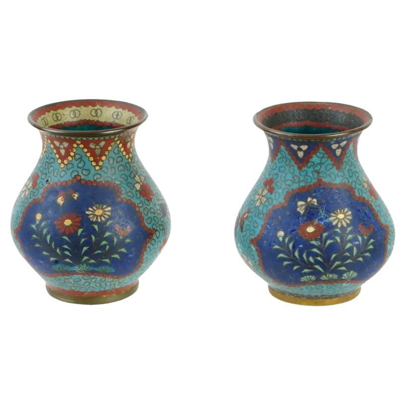 Antique Early Meiji Japanese Cloisonne Vases Night and Day For Sale