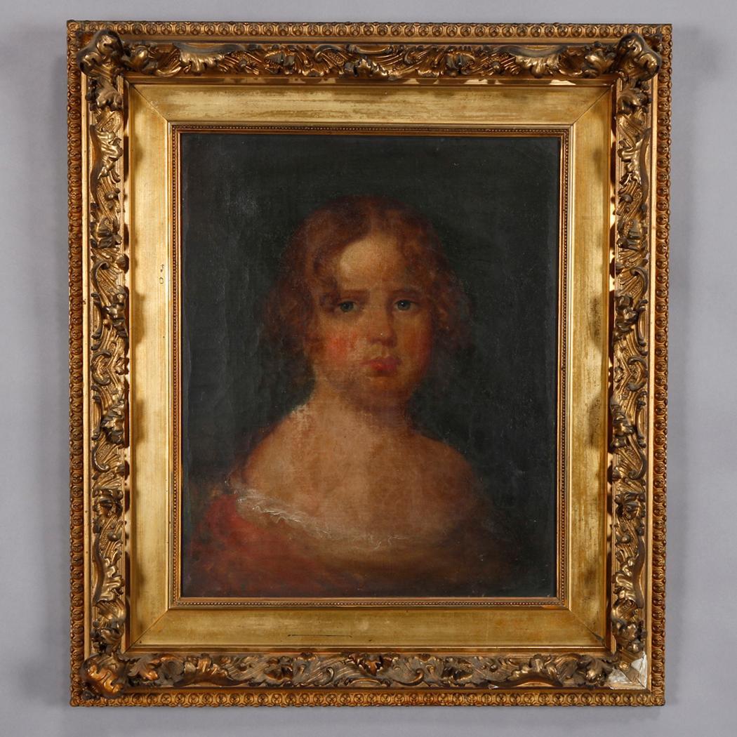 An antique oil on canvas painting depicts portrait of a young girl, seaed in giltwood frame, circa 1870.

Measures: 24.25