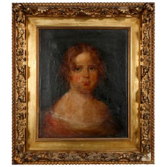 Antique Early Oil on Canvas Portrait Painting of Young Girl, circa 1870