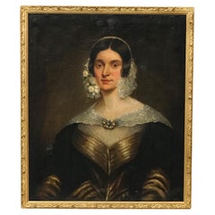 Antique Early Oil Painting, Portrait of a Woman Mid 19th C