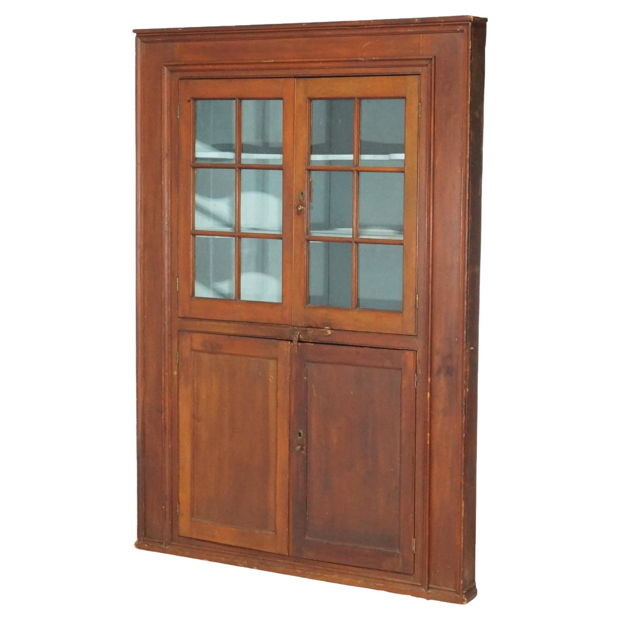 Antique Early Pennsylvania 12-Pane Two Door Cherry Corner Cabinet Circa 1820