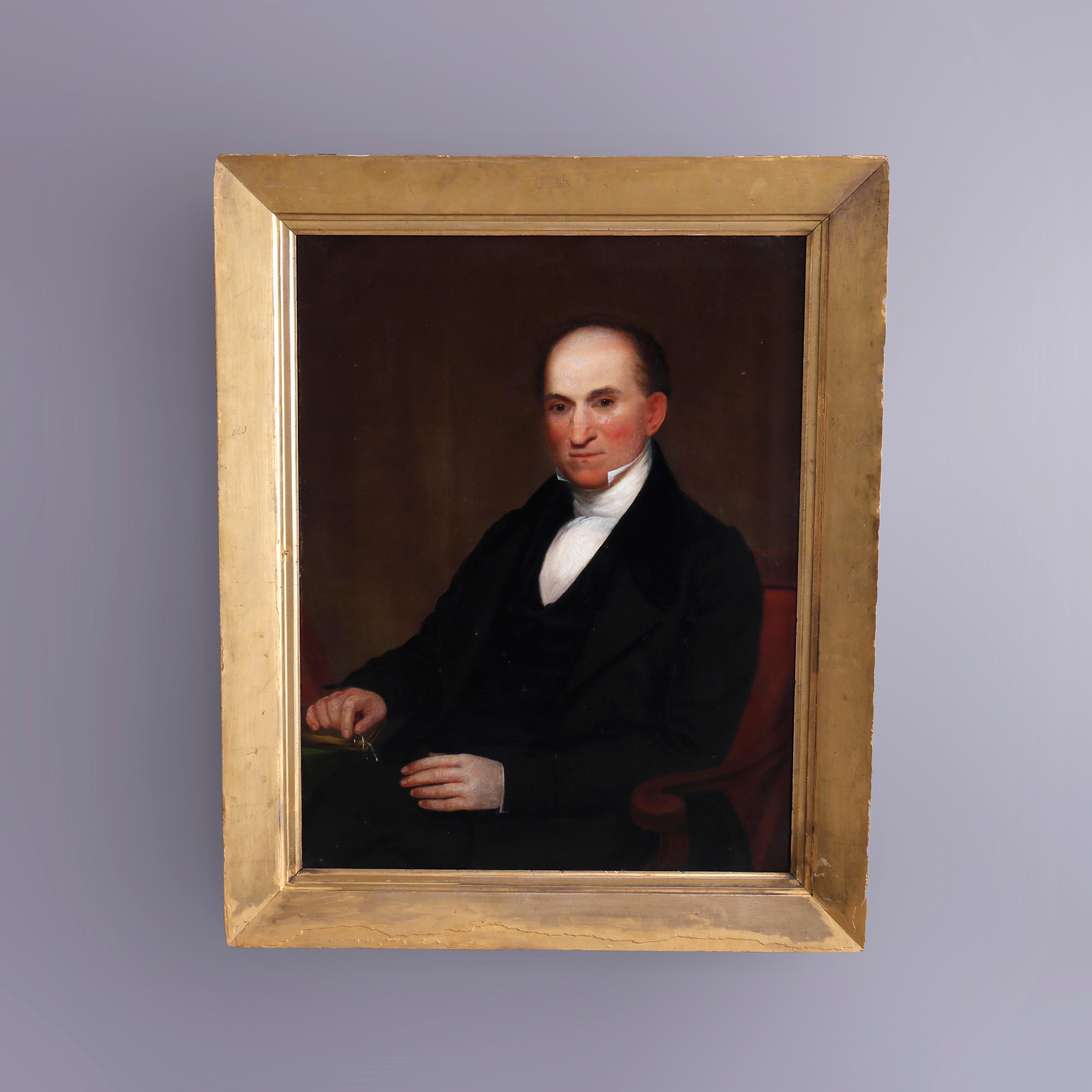 An early antique Philadelphia painting offers an oil on canvas portrait of a gentleman baron or businessman, en verso artist signed J.B. Otis 1838, seated in giltwood frame, 19th century

Measures - 44''H x 36''W x 3''D.