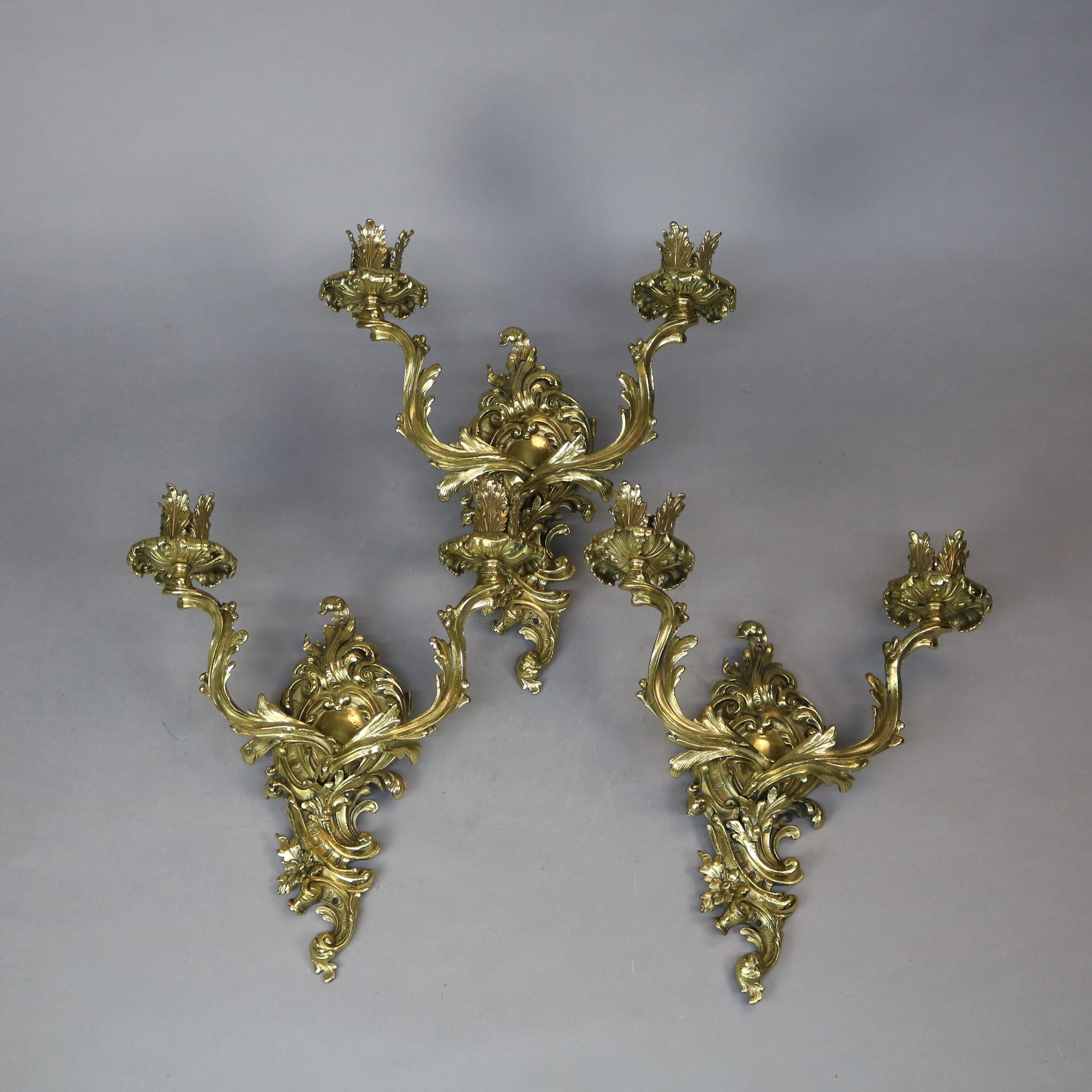 Cast Antique Early Set of French Rococo Gilt Bronze Gas Wall Sconces, Circa 1870