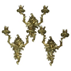 Antique Early Set of French Rococo Gilt Bronze Gas Wall Sconces, Circa 1870