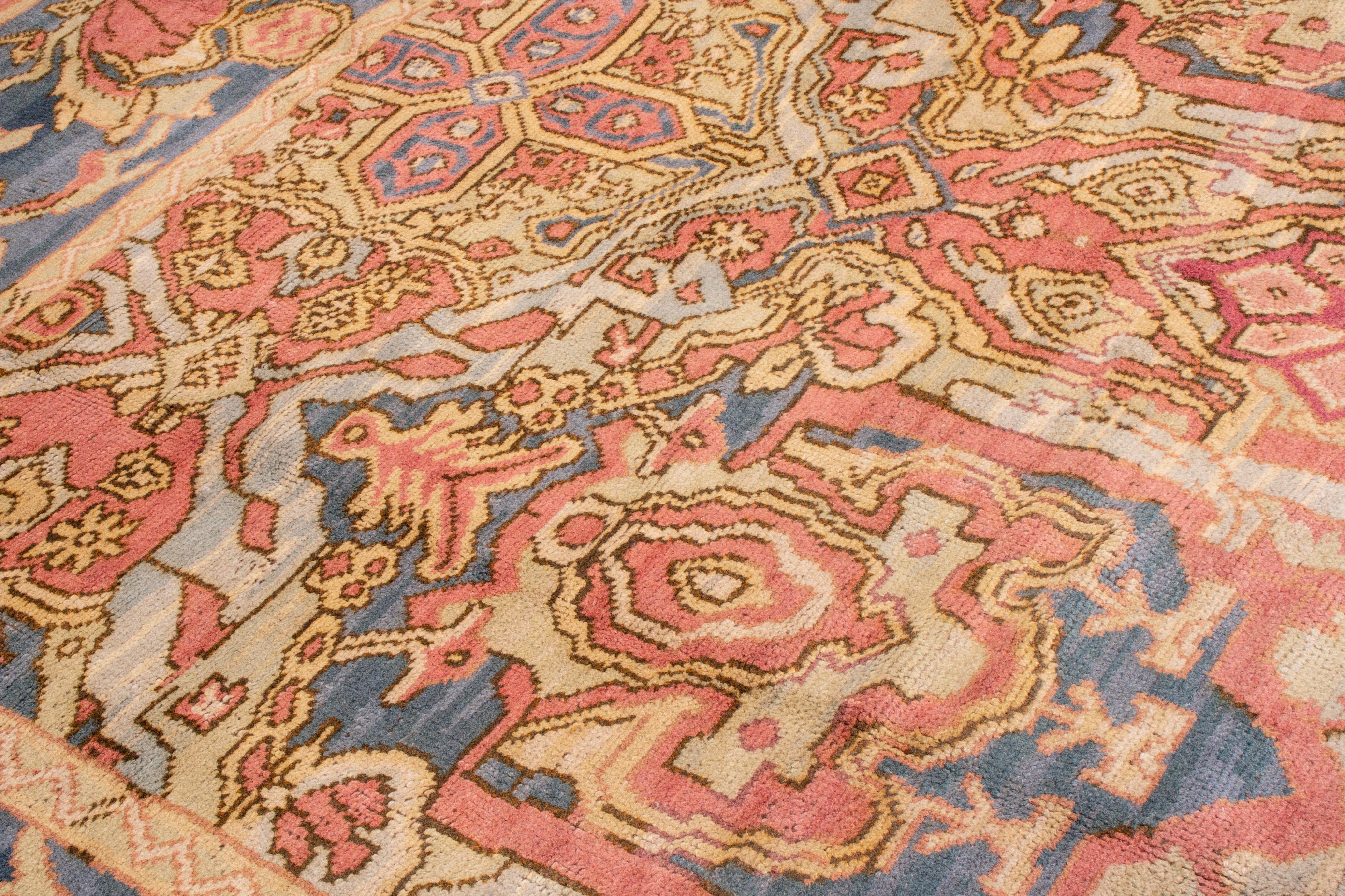 Hand-Knotted Antique Early Spanish Arts & Crafts Red and Blue Wool Rug