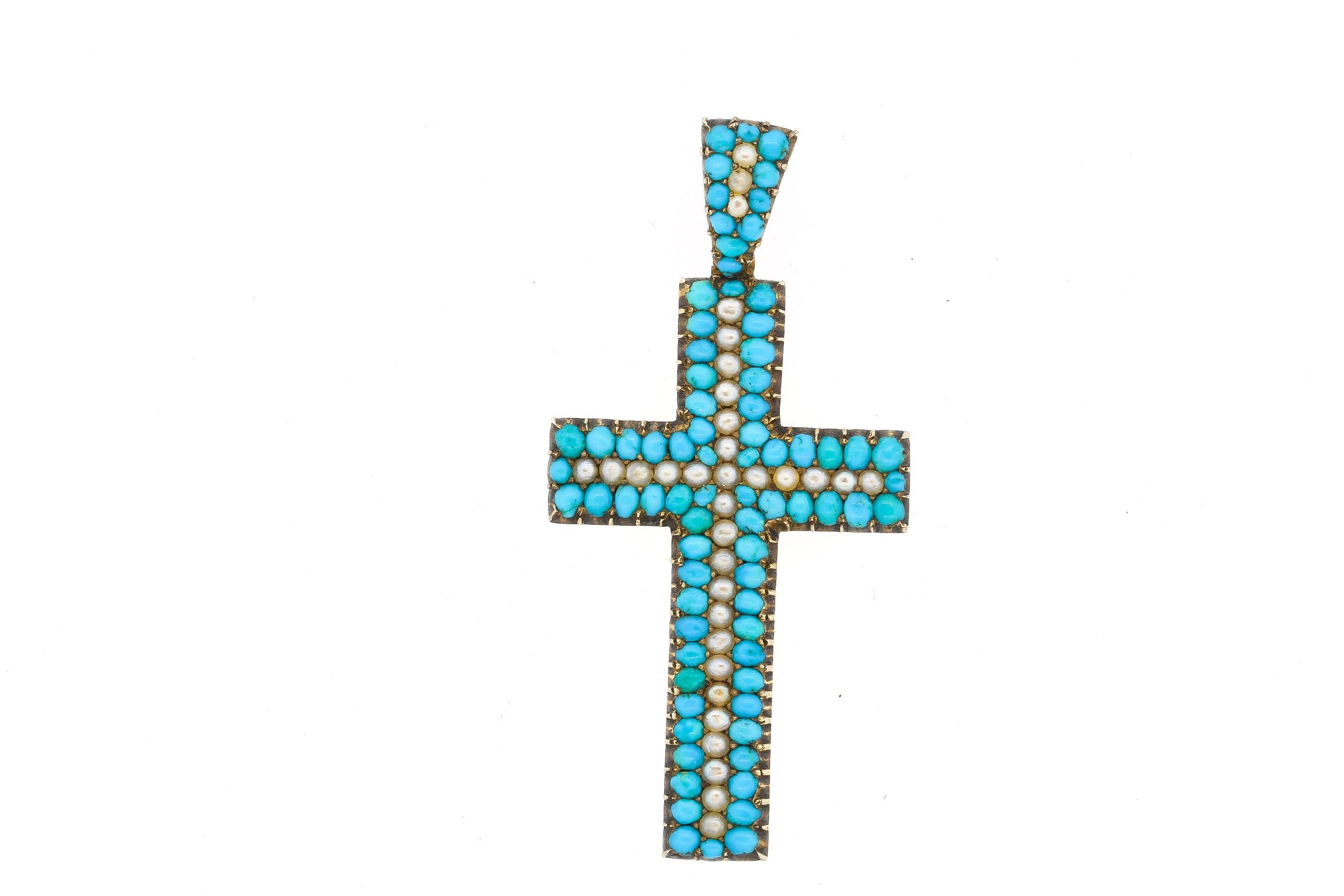 Early Victorian Antique Victorian 14 Karat Gold Turquoise Split Pearl Cross Pendant For Sale