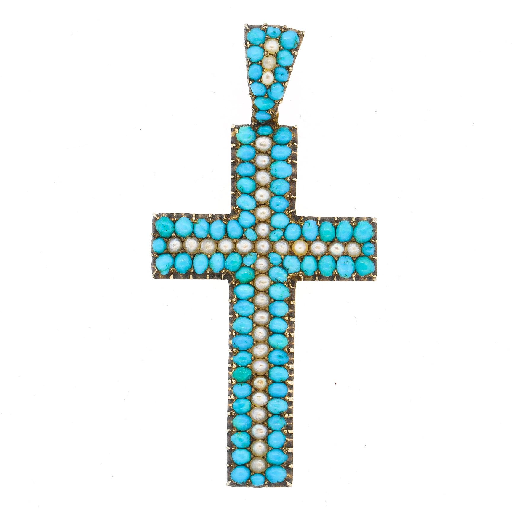 Pendentif croix victorien ancien en or 14 carats avec turquoise et perle fendue en vente