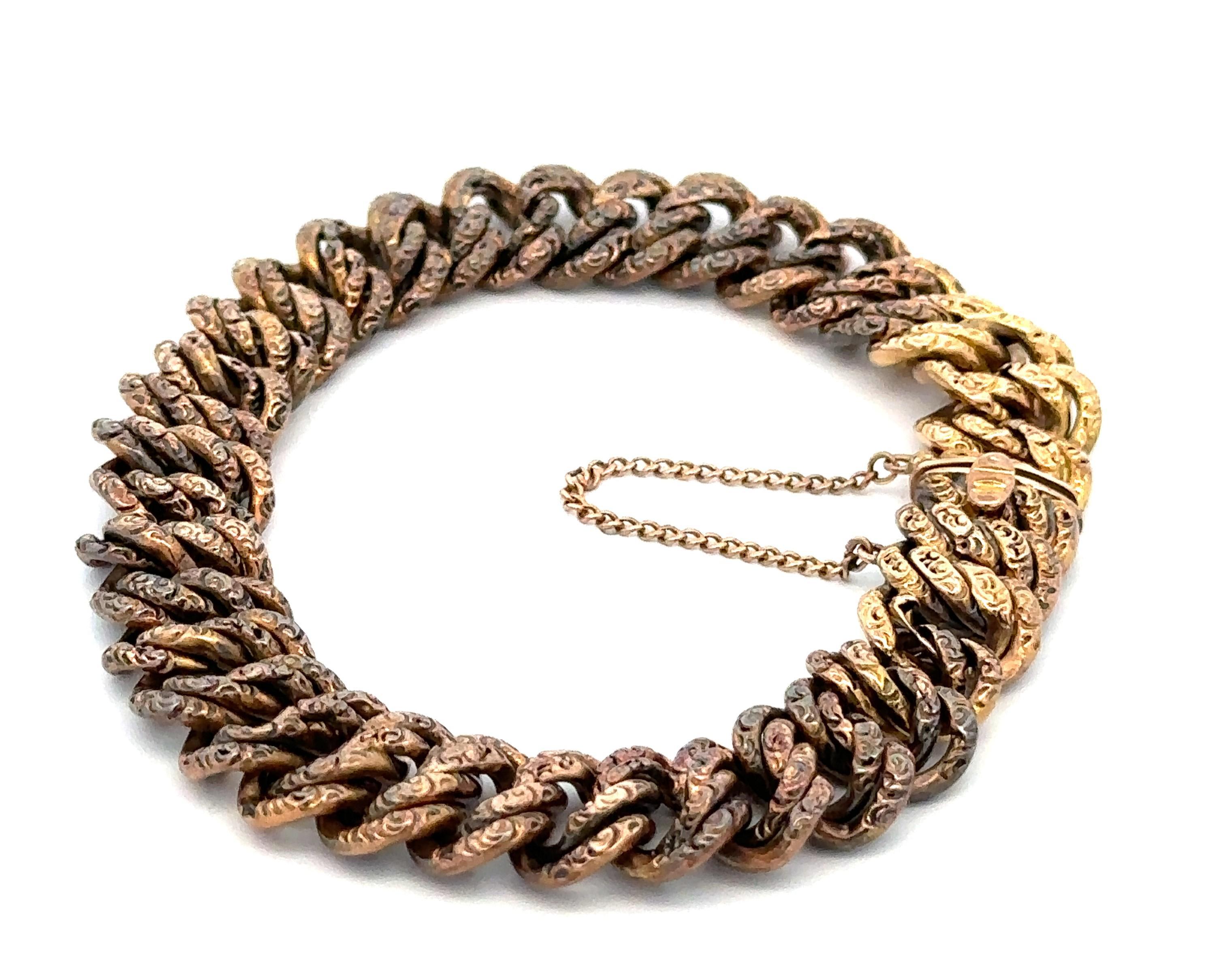 Antiguo brazalete victoriano de oro rosa de 14 quilates con doble eslabón calado en venta 2