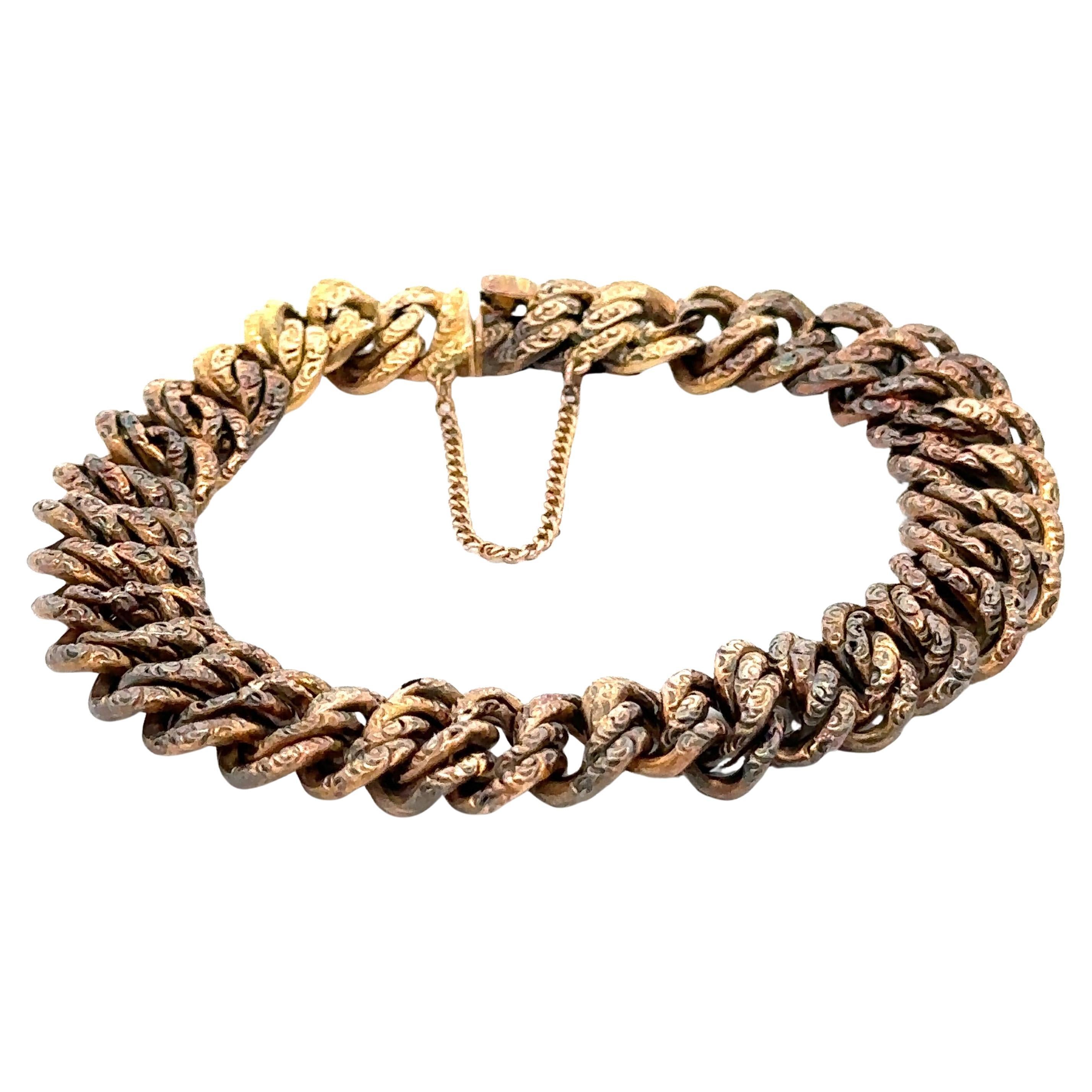 Antique Early Victorian 14k Rosy Gold Repousse Work Double Curb Link Bracelet