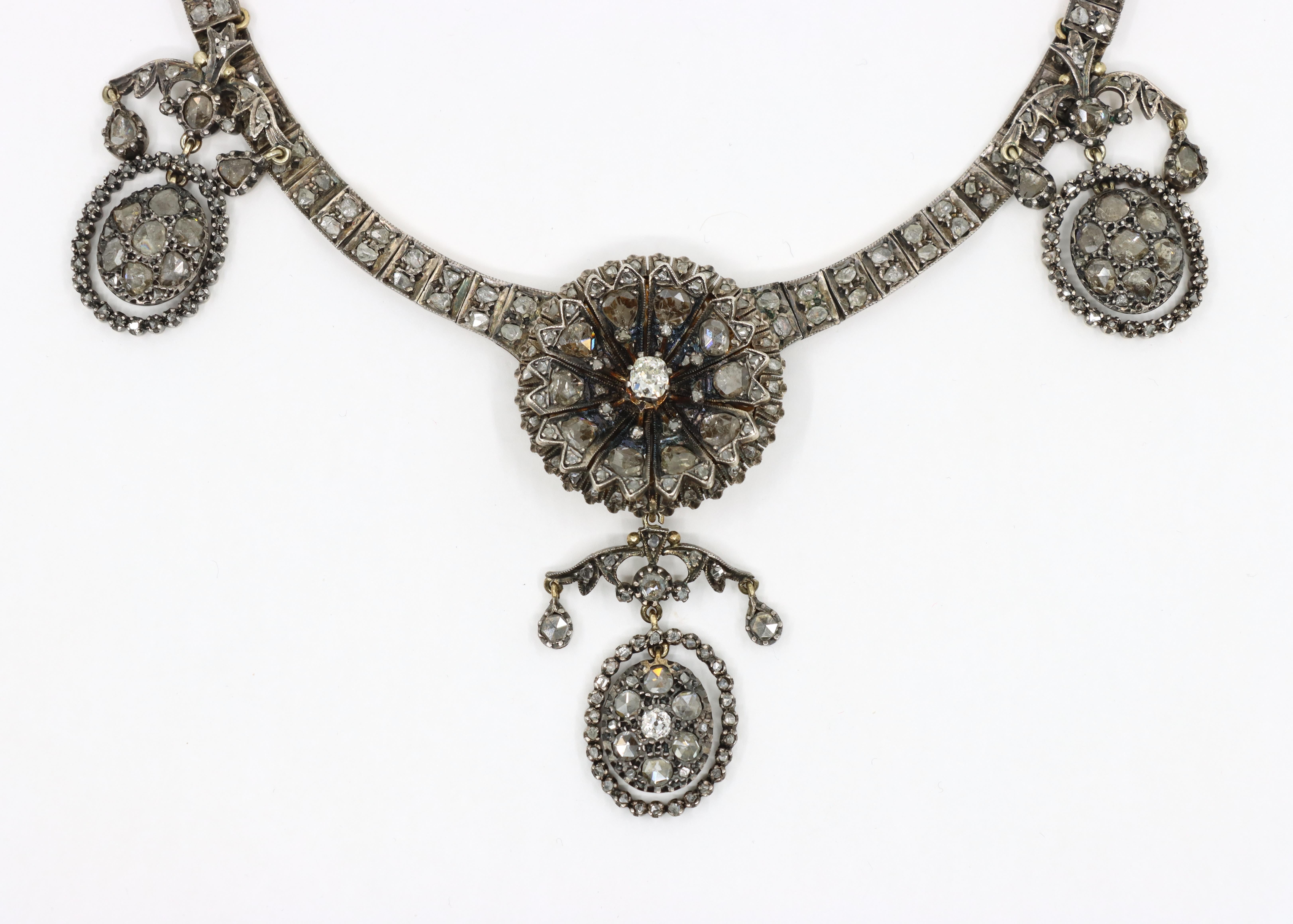Taglio a rosa Antica collana di diamanti in oro giallo 14K e argento del primo periodo vittoriano in vendita
