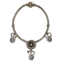 Antique Early Victorian 14K Yellow Gold & Silver Diamond Necklace