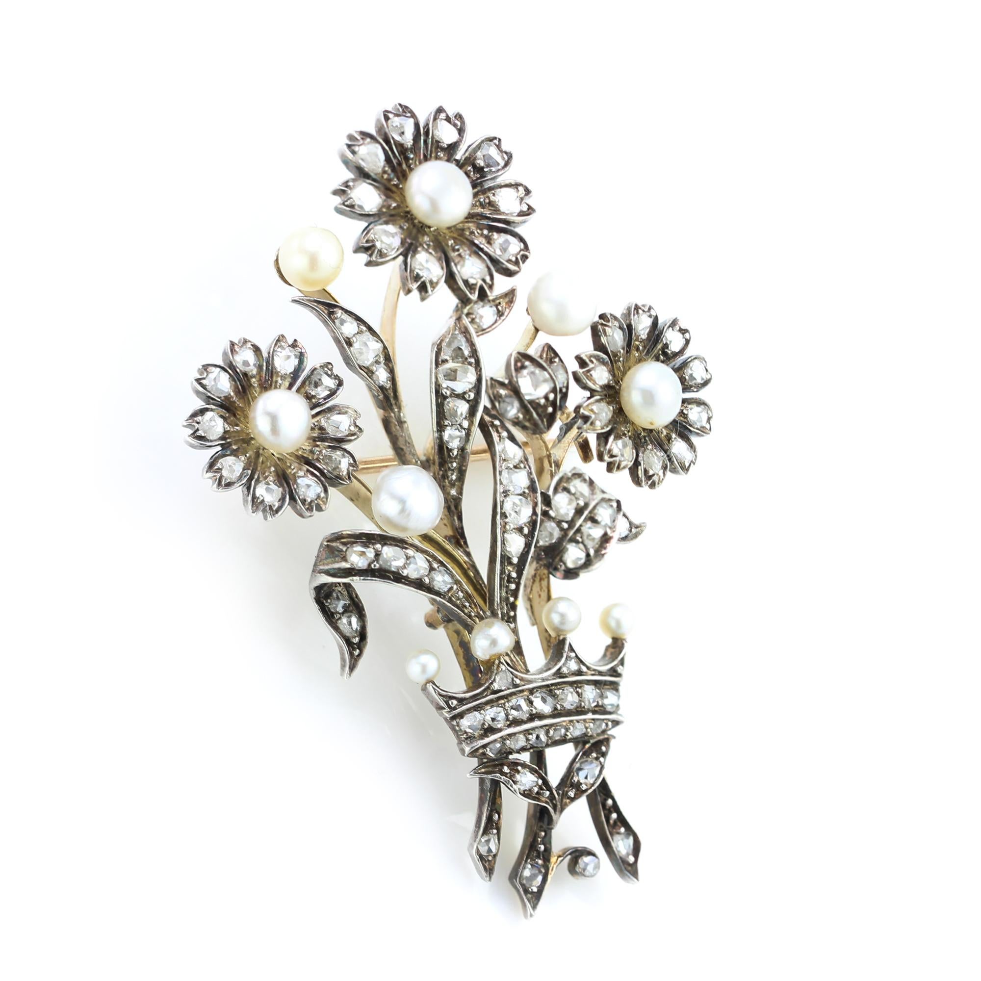 Rose Cut Antique Early Victorian 15kt Gold and Silver, Pearl and Diamond Brooch For Sale