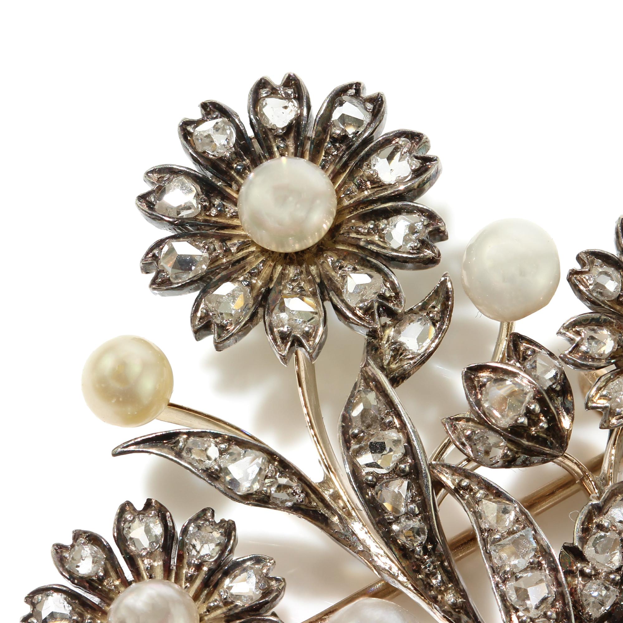 Antique Early Victorian 15kt Gold and Silver, Pearl and Diamond Brooch ...