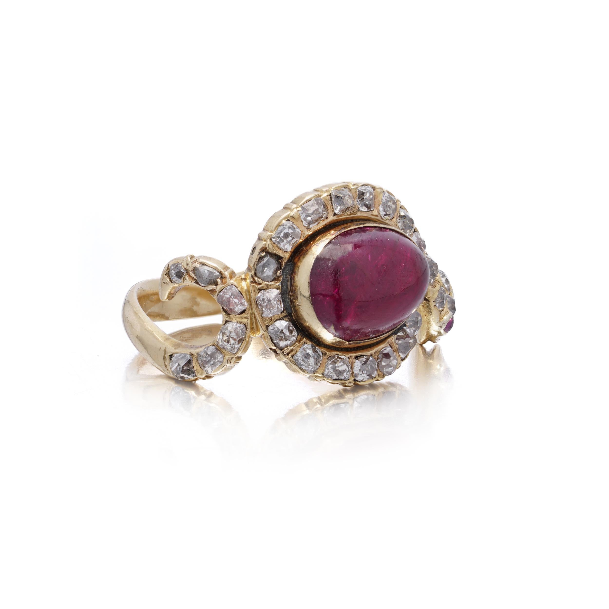 Early Victorian Antique early Victorian 18 K Yellow Gold Snake Ring with Old-Mine Diamonds & Cab For Sale