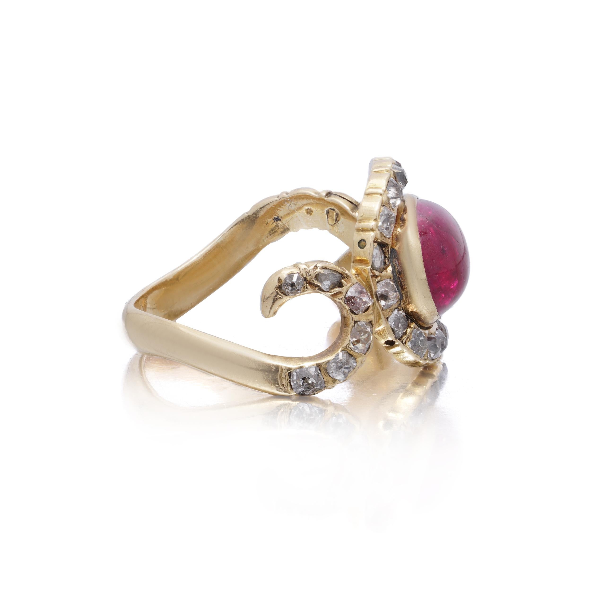Old Mine Cut Antique early Victorian 18 K Yellow Gold Snake Ring with Old-Mine Diamonds & Cab For Sale