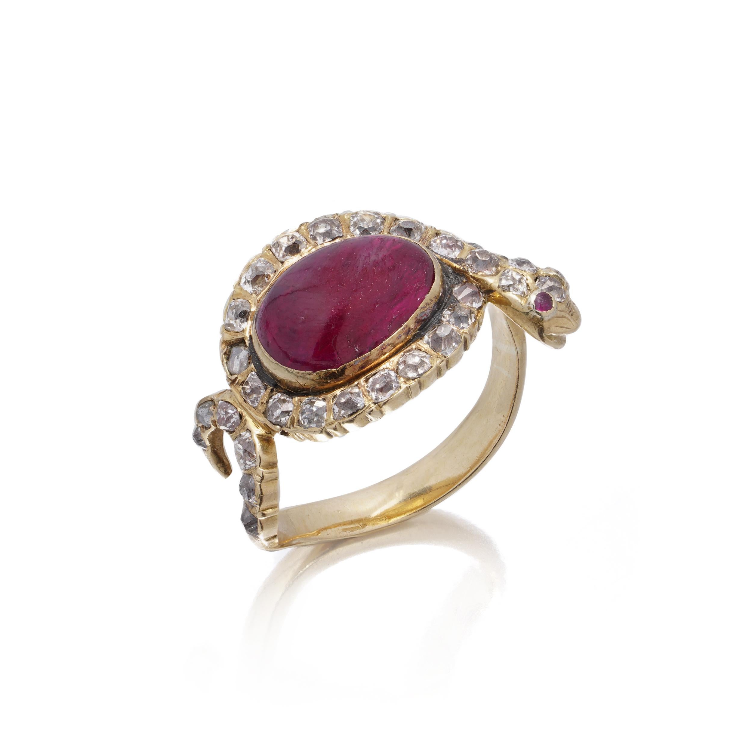 Women's Antique early Victorian 18 K Yellow Gold Snake Ring with Old-Mine Diamonds & Cab For Sale
