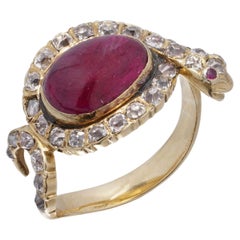 Antique early Victorian 18 K Yellow Gold Snake Ring with Old-Mine Diamonds & Cab