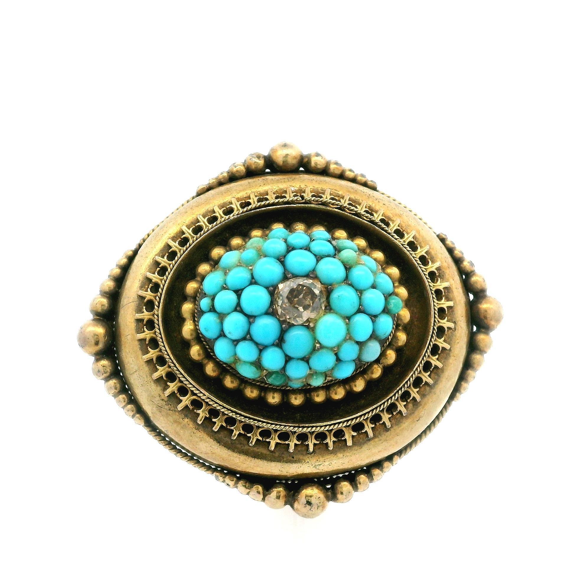 Neogotico Antica spilla a spillo in oro 18k con diamante taglio miniera e turchese in vendita