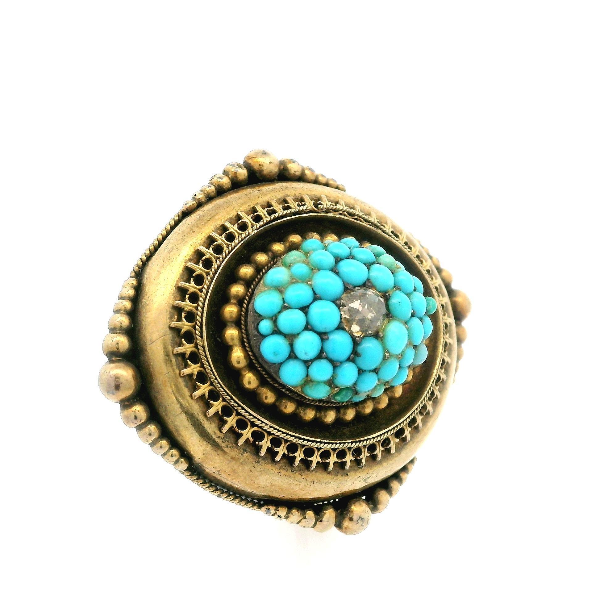 Taglio vecchia miniera Antica spilla a spillo in oro 18k con diamante taglio miniera e turchese in vendita