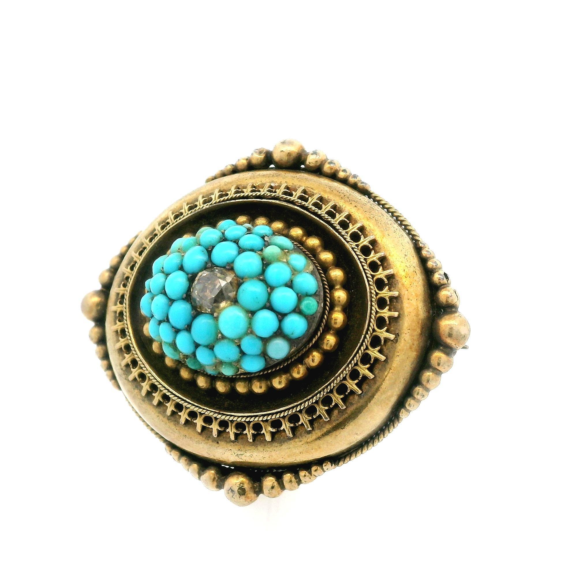 Antica spilla a spillo in oro 18k con diamante taglio miniera e turchese In condizioni buone in vendita a Montclair, NJ