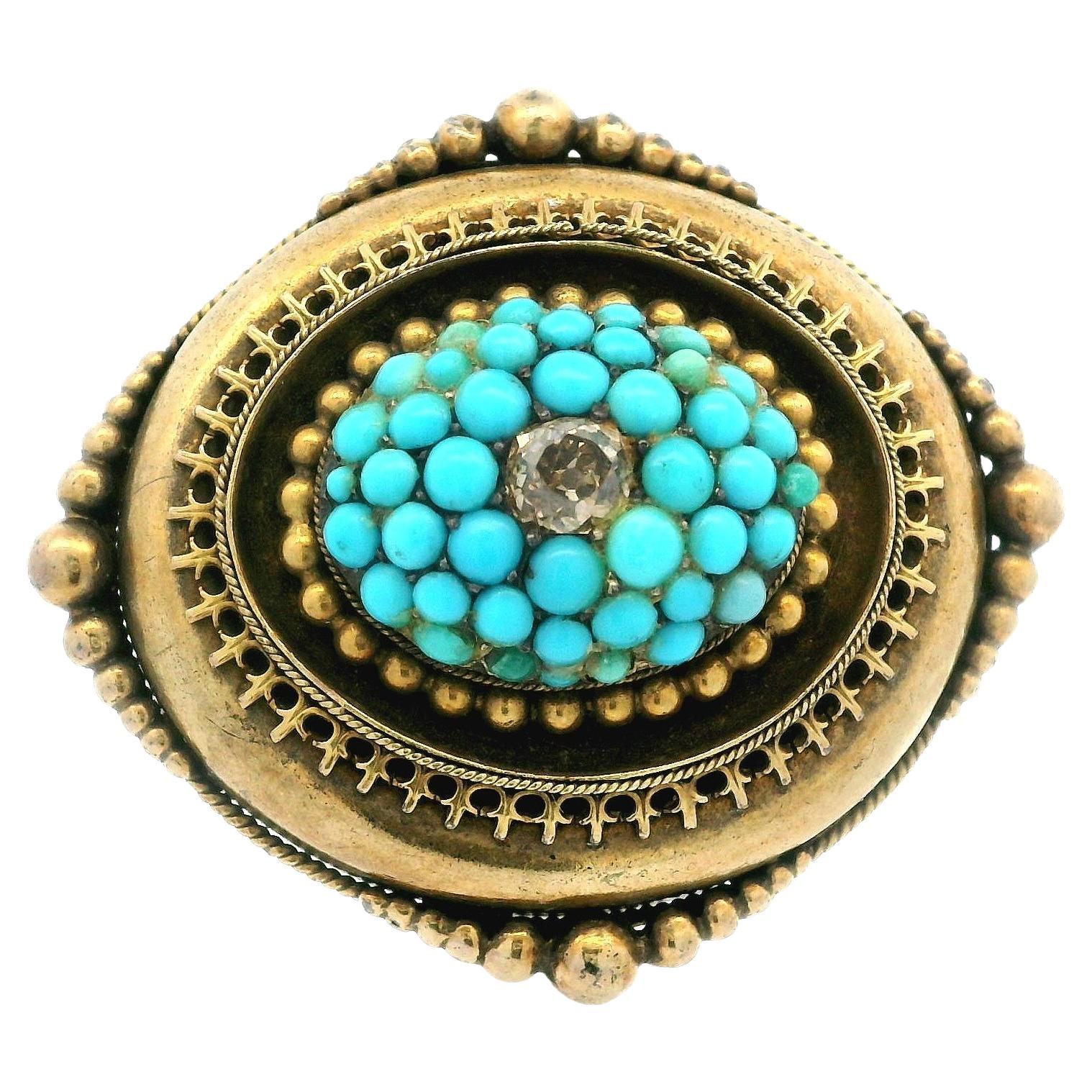Antique Early Victorian 18k Gold Old Mine Cut Diamond w/ Turquoise Pin Brooch