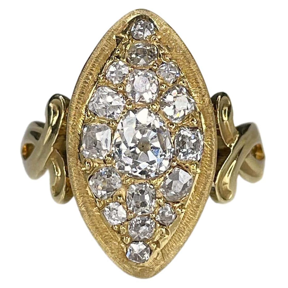 Antique Early Victorian 18K Yellow Gold Old Mine Cut Diamond Navette Ring