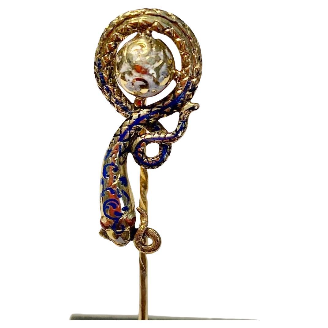 Antique Early Victorian 18kt Enamel Serpent Stickpin in Box For Sale