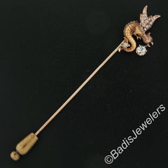 Antique Early Victorian 22k Gold Diamond Repousse Work Griffin Dragon Stick Pin