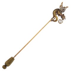 Antique Early Victorian 22k Gold Diamond Repousse Work Griffin Dragon Stick Pin