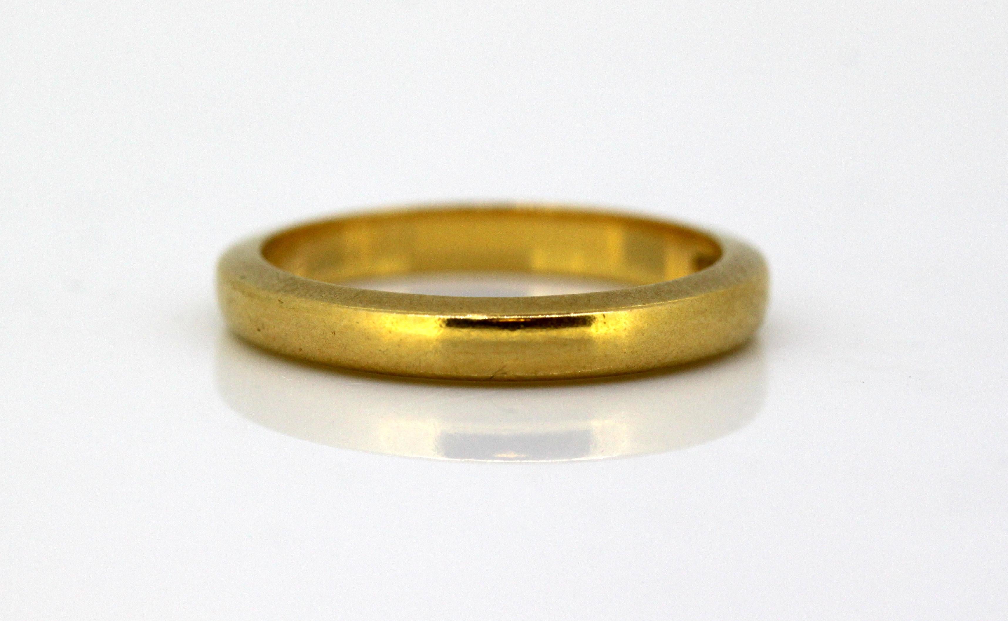 Antique early Victorian 22k yellow gold wedding  ring band. 
Made in Birmingham 1851 
Makers Mark : ACC 
Assayed in Sheffield 
Fully hallmarked, 22k gold. 

Dimensions - 
Finger Size: (UK) = K (US) = 5 1/2 (EU) = 50 1/4 
Diameter x Depth : 1.9 x 0.3