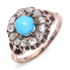 Antique Early-Victorian 9k Rose Gold Polki Diamond Turquoise Ring