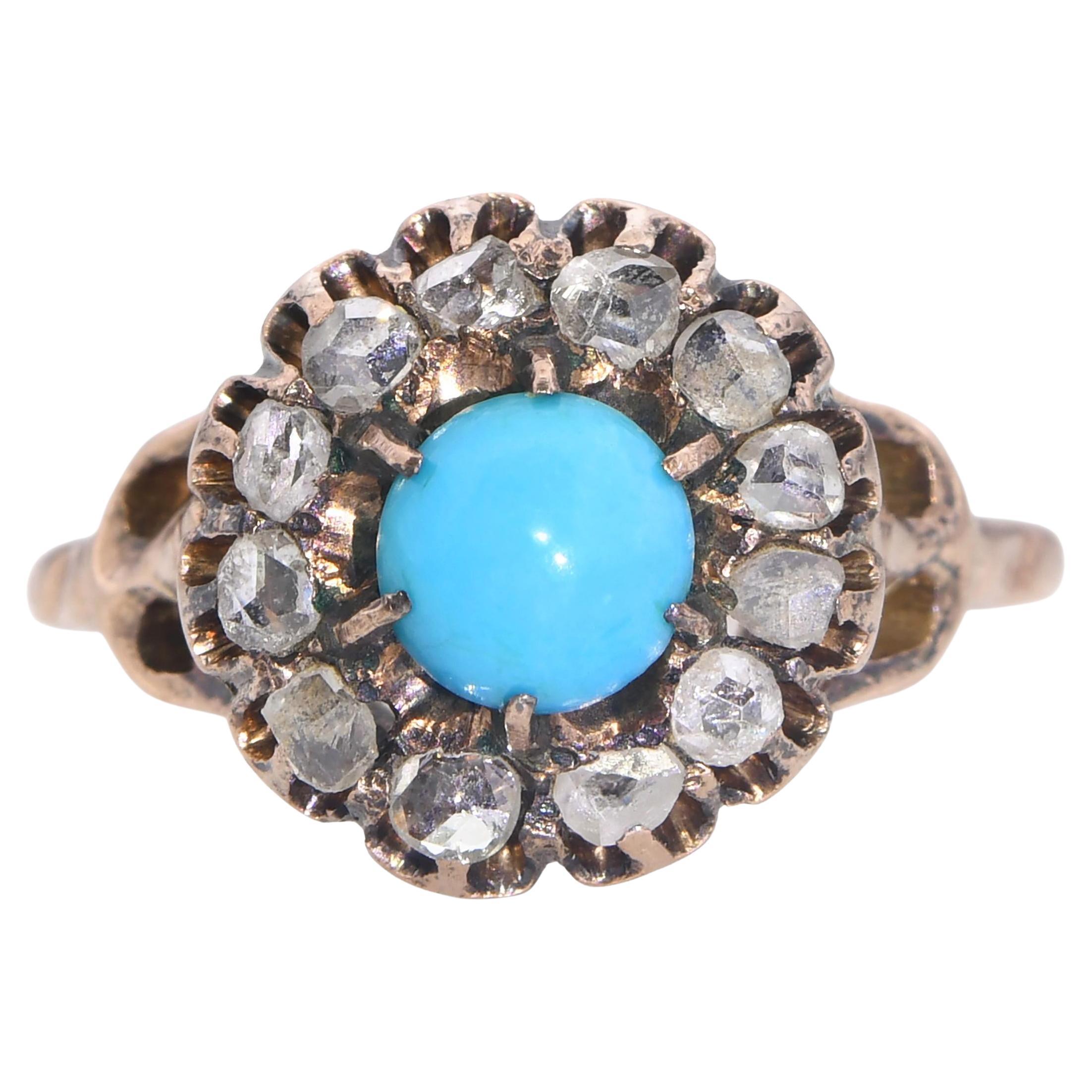 Antique Early-Victorian 9k Rose Gold Polki Diamond Turquoise Ring