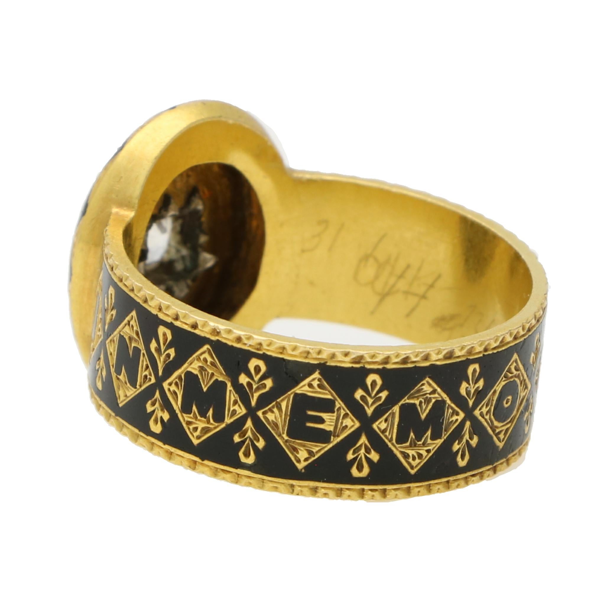 Antique Cushion Cut Antique Early Victorian Black Enamel and Old Cut Diamond Mourning Ring For Sale