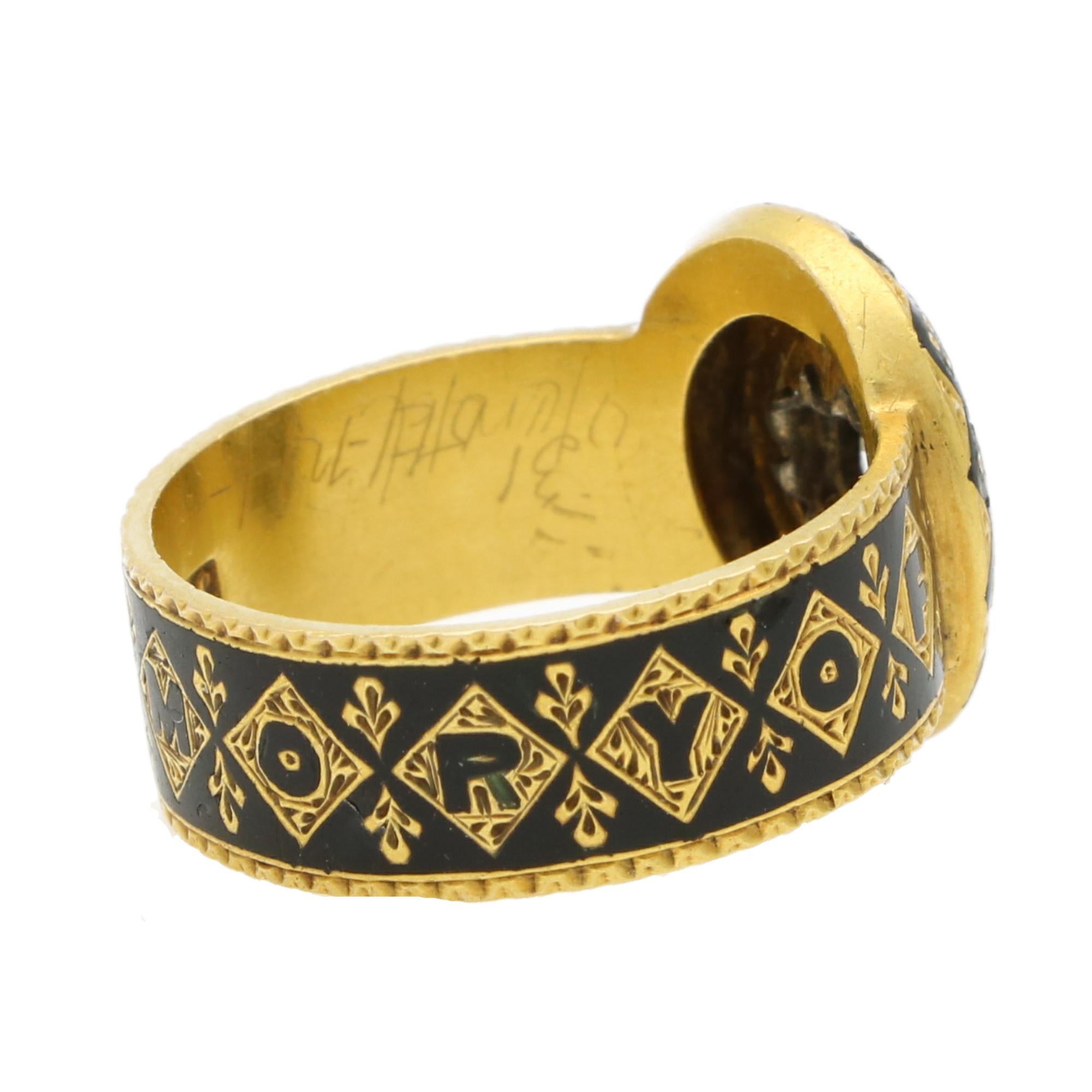 Antique Early Victorian Black Enamel and Old Cut Diamond Mourning Ring In Excellent Condition For Sale In London, GB
