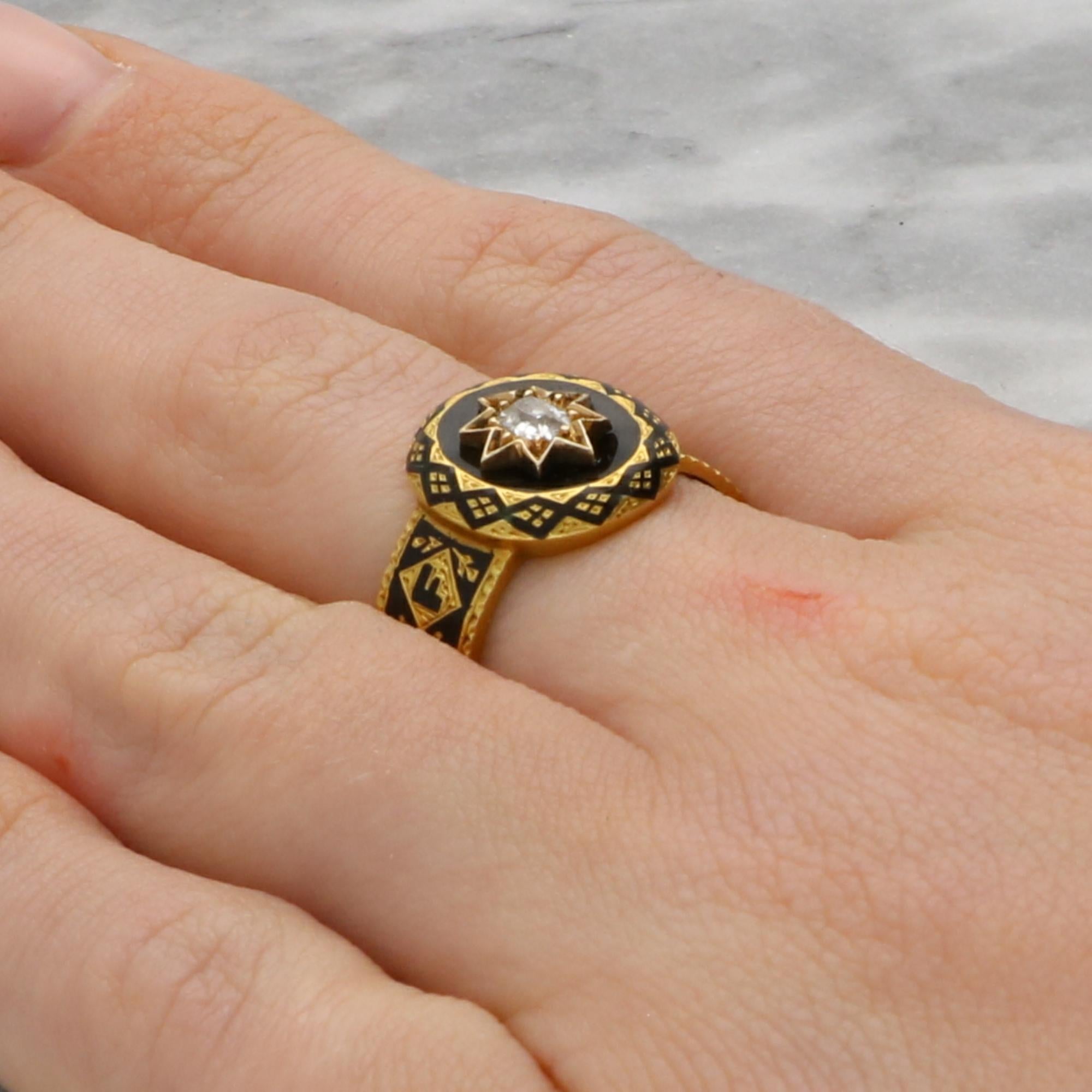 Antique Early Victorian Black Enamel and Old Cut Diamond Mourning Ring For Sale 2