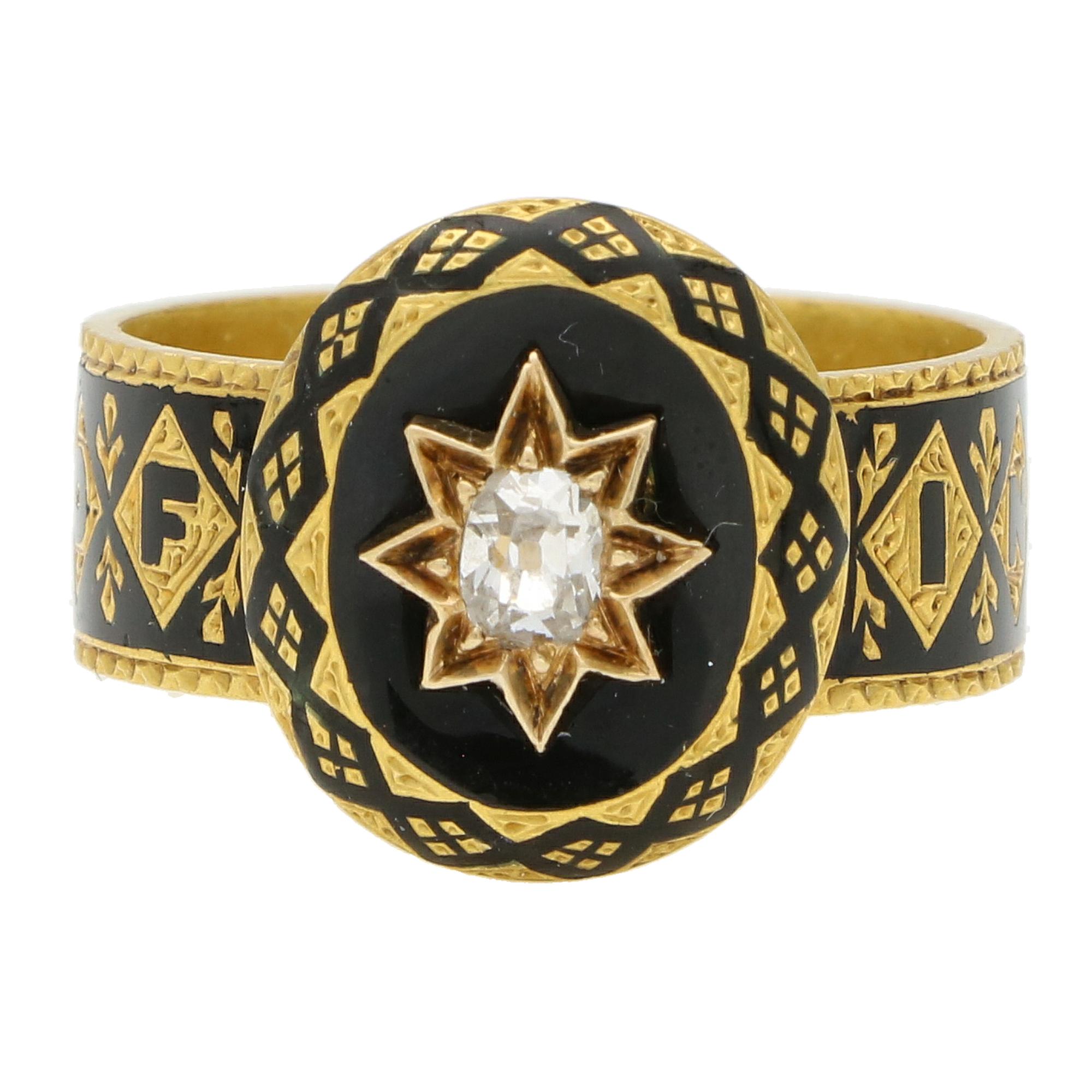 Antique Early Victorian Black Enamel and Old Cut Diamond Mourning Ring For Sale 3