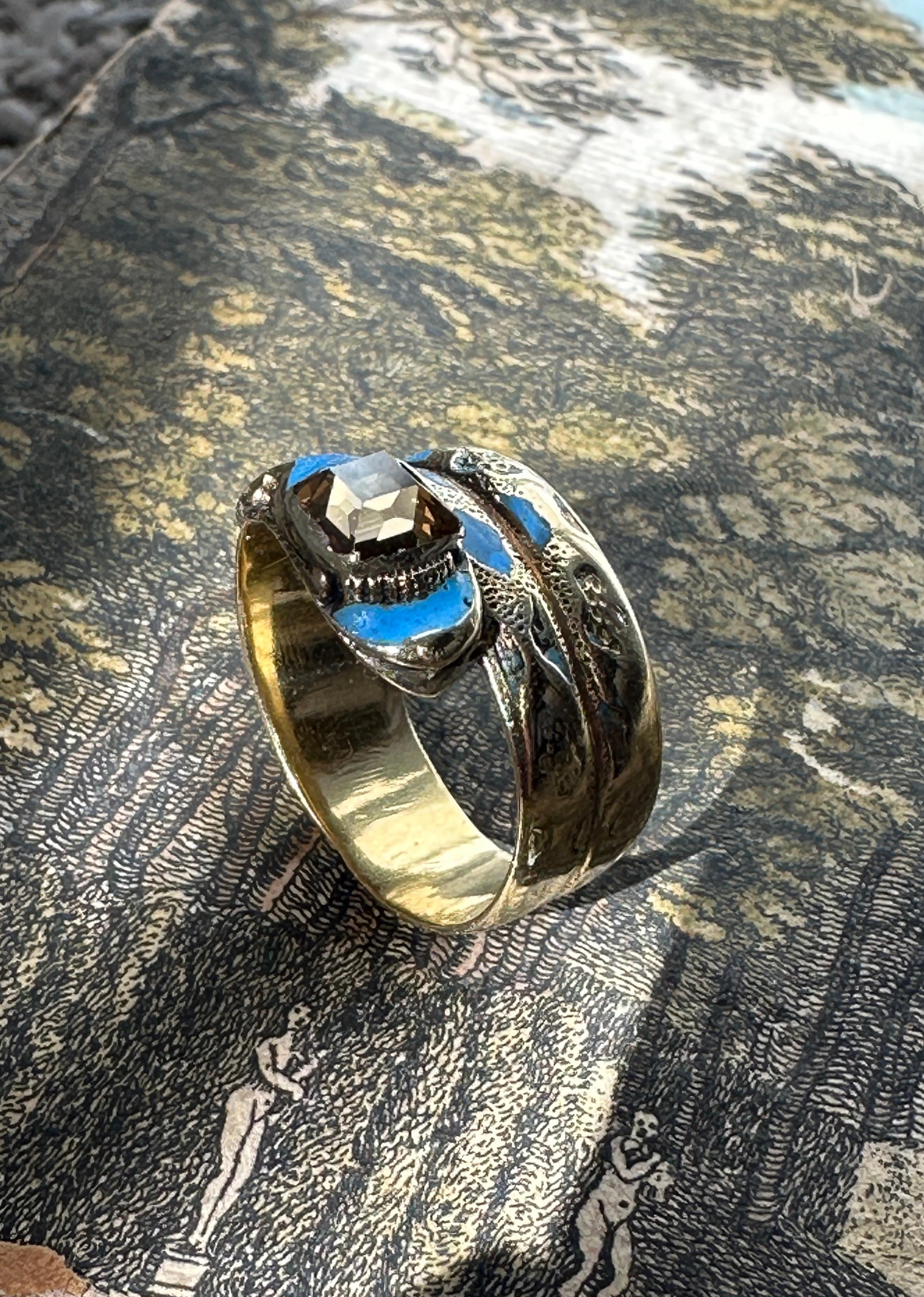 Antique Cushion Cut Antique Early Victorian Blue Enamel and Table Cut Diamond Snake Ring For Sale