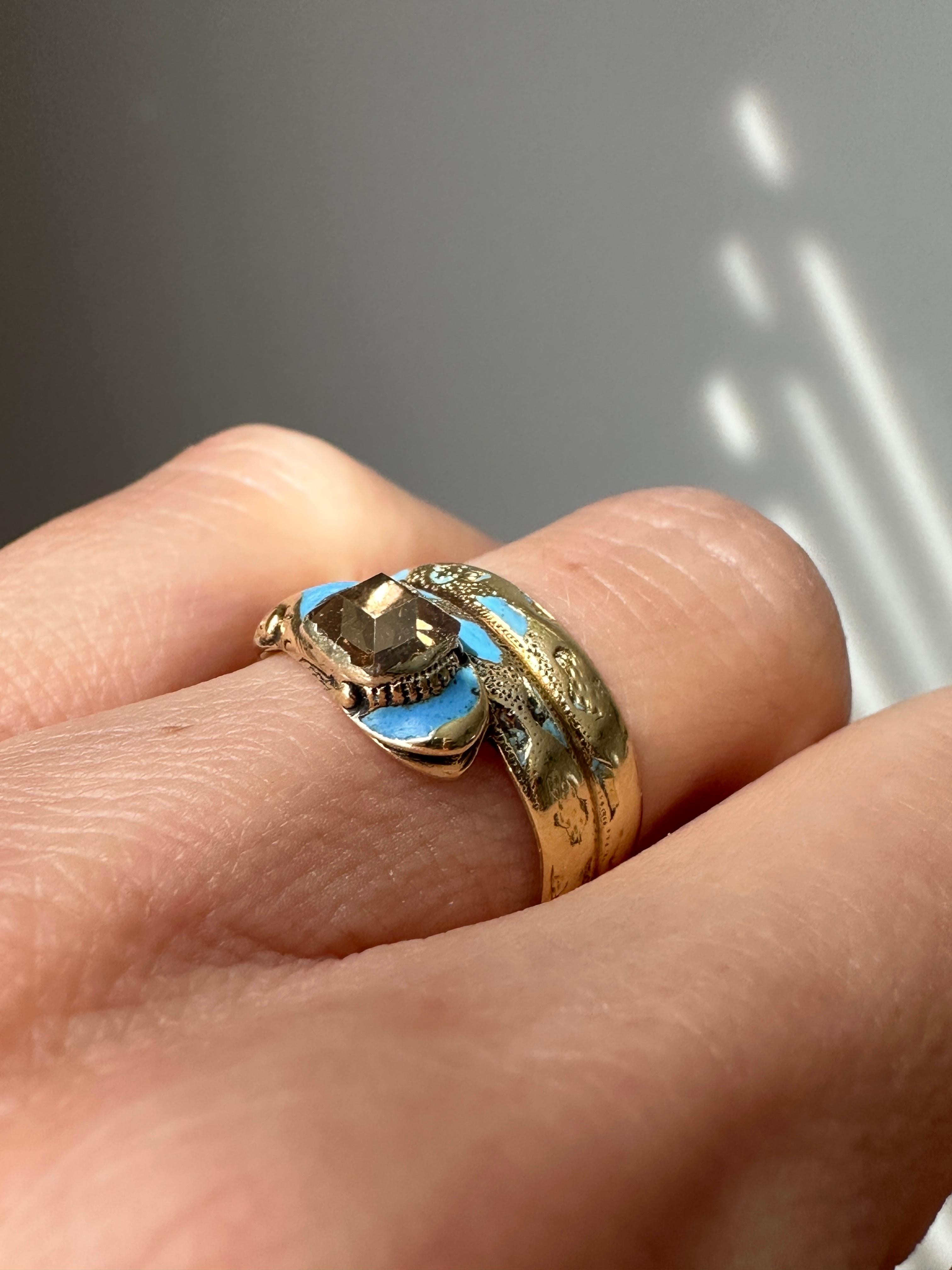 Antique Early Victorian Blue Enamel and Table Cut Diamond Snake Ring In Good Condition For Sale In Hummelstown, PA