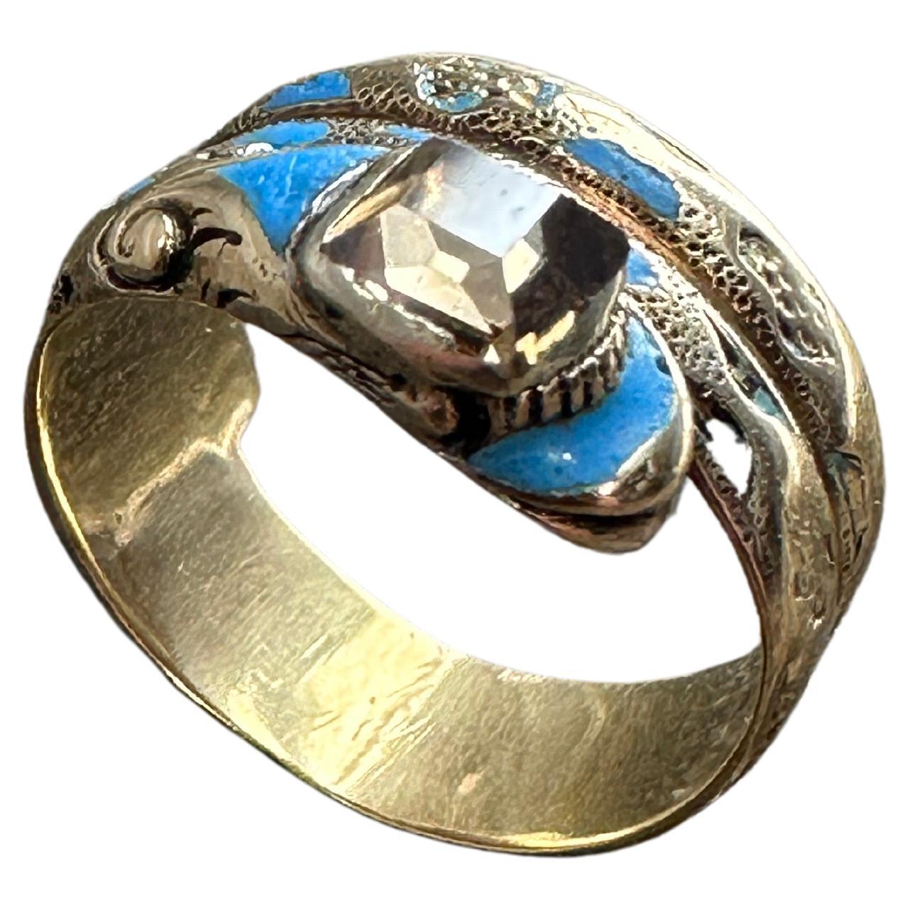 Antique Early Victorian Blue Enamel and Table Cut Diamond Snake Ring For Sale