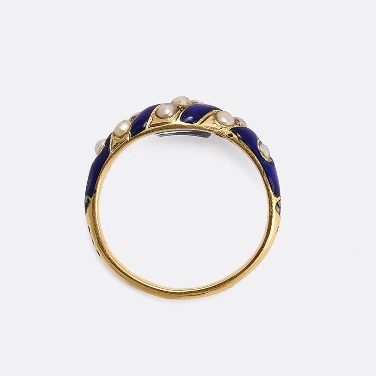 Antique Early Victorian Blue Enamel Pearl Locket Ring at 1stDibs