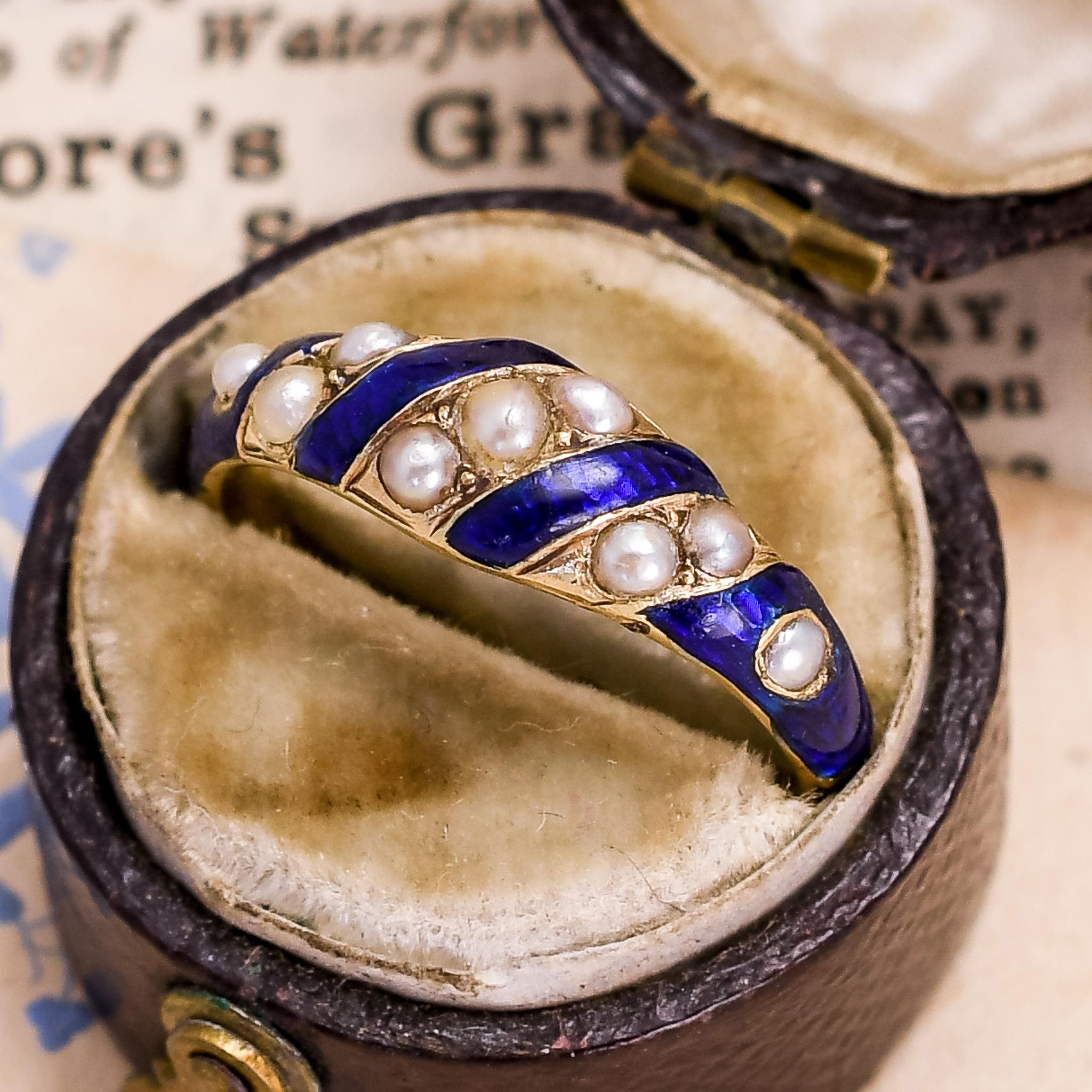 Antique Early Victorian Blue Enamel Pearl Locket Ring In Good Condition In Sale, Cheshire