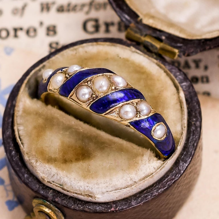 Antique Early Victorian Blue Enamel Pearl Locket Ring at 1stDibs