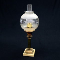 Antique Early Victorian Brass, Marble and Etched Glass Solar Lamp, 19th Century