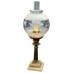 Antique Early Victorian Brass, Marble and Etched Glass Solar Lamp, 19th Century