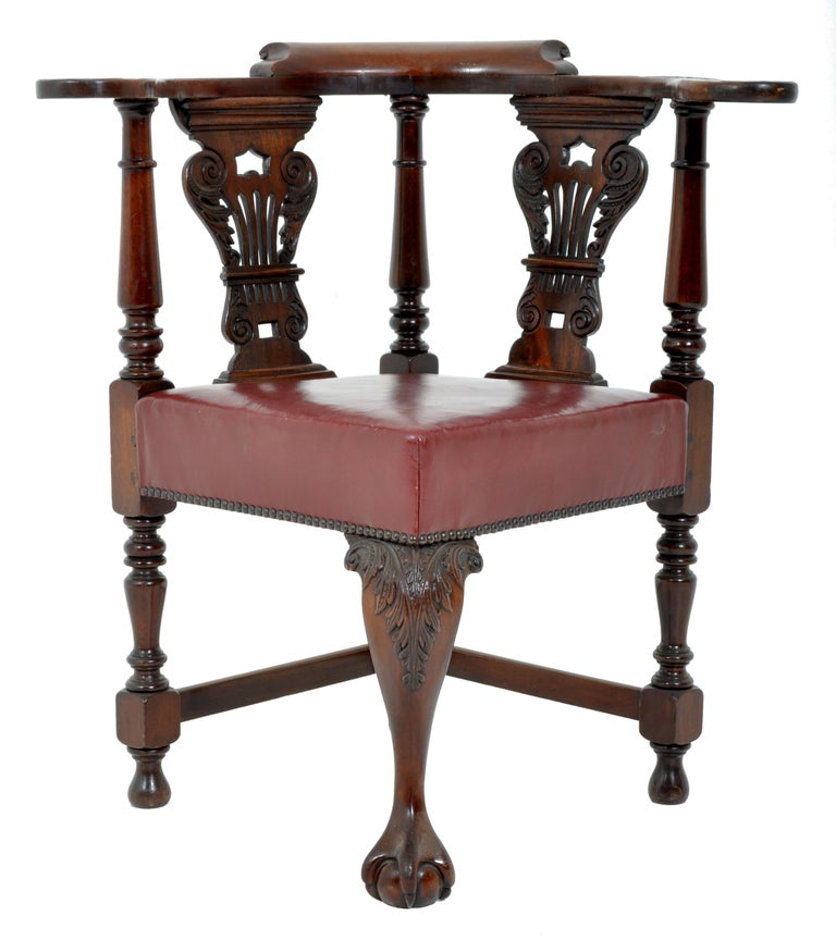 Antique Early Victorian Chippendale Mahogany Carved Corner Chair, circa