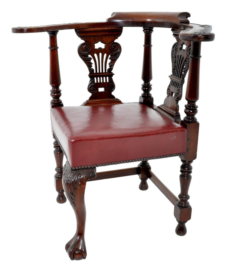 Antique Early Victorian Chippendale Mahogany Carved Corner Chair, circa