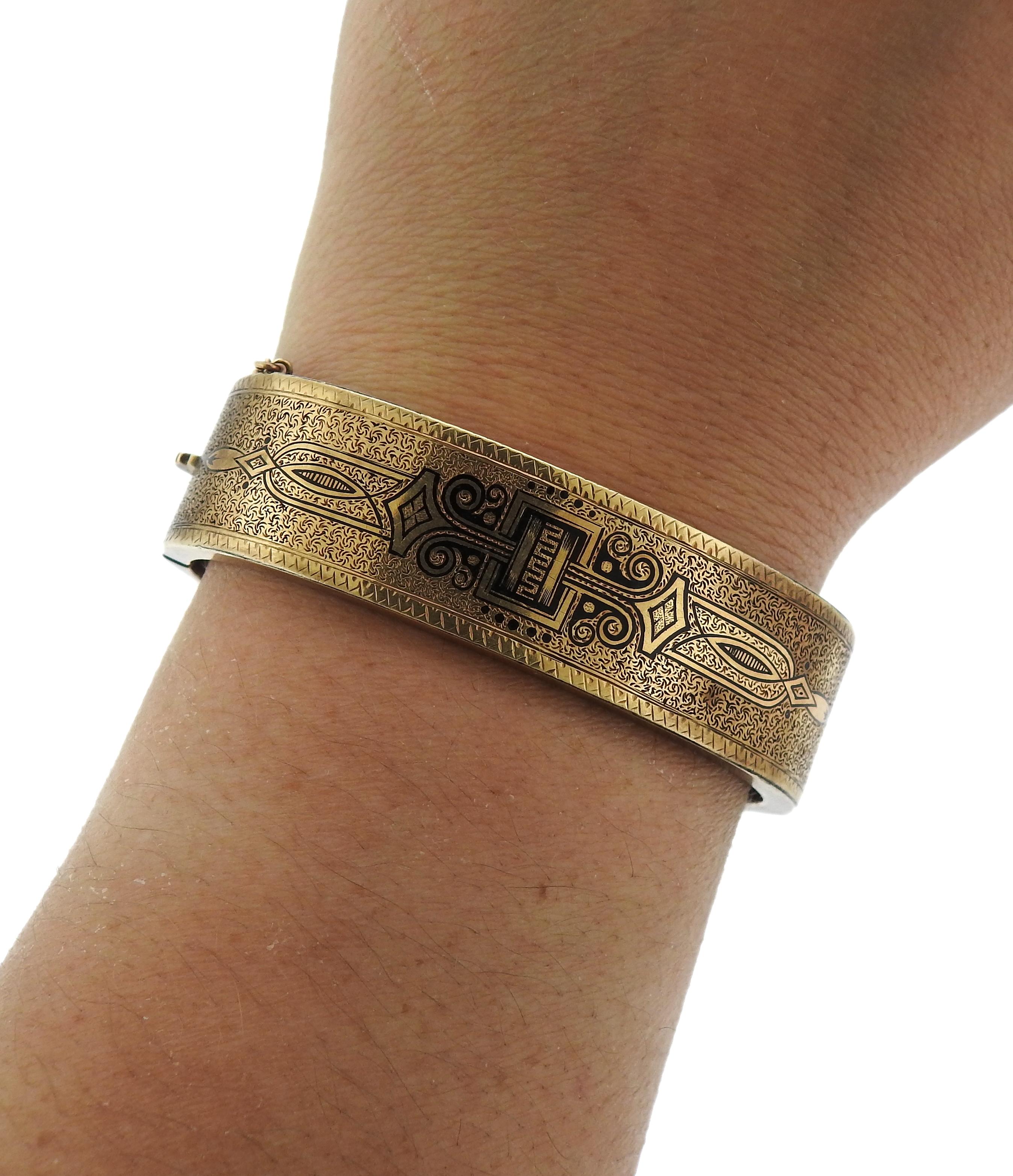 Women's Antique Early Victorian Circa 1870s Enamel Gold Bangle Bracelet For Sale