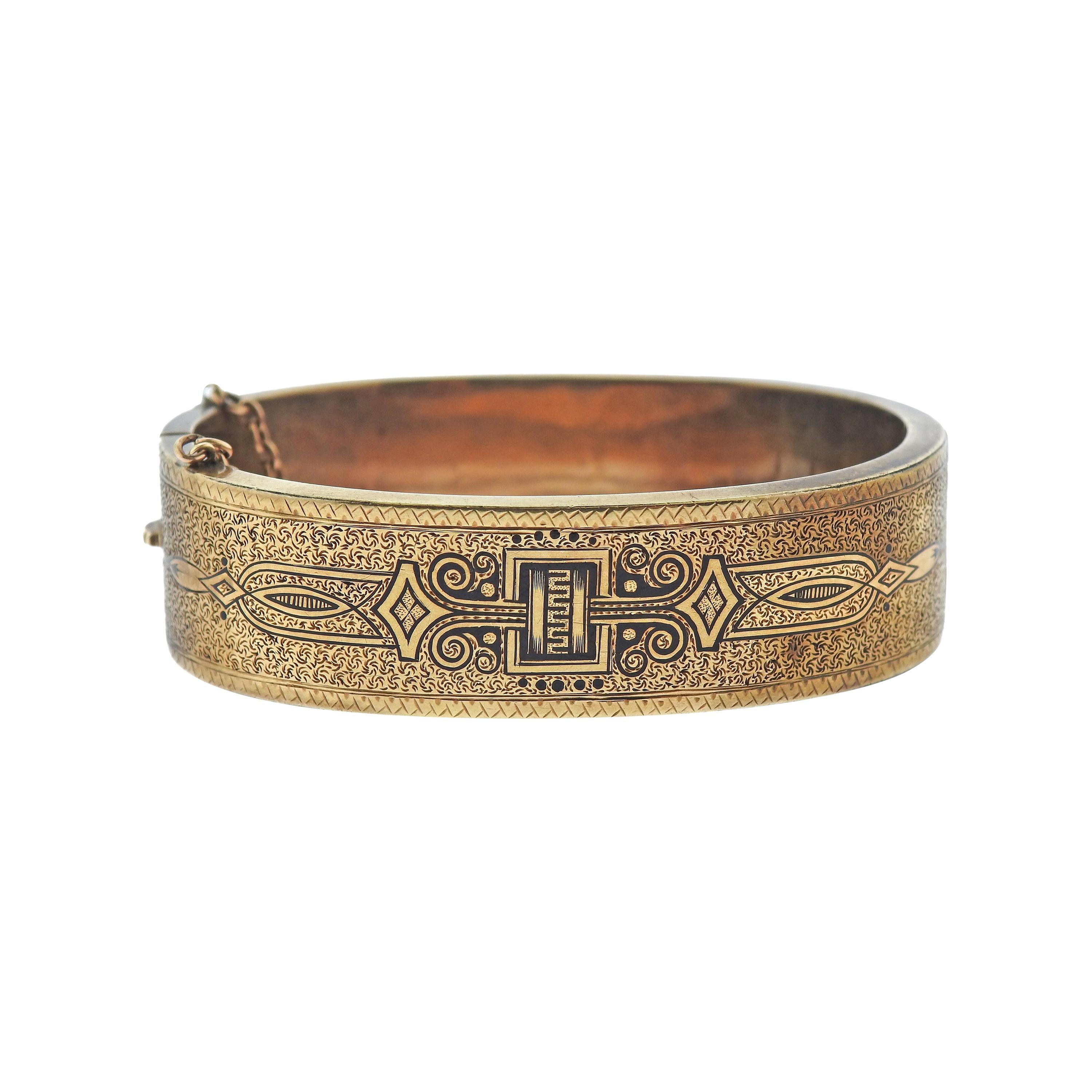 Antique Early Victorian Circa 1870s Enamel Gold Bangle Bracelet For Sale