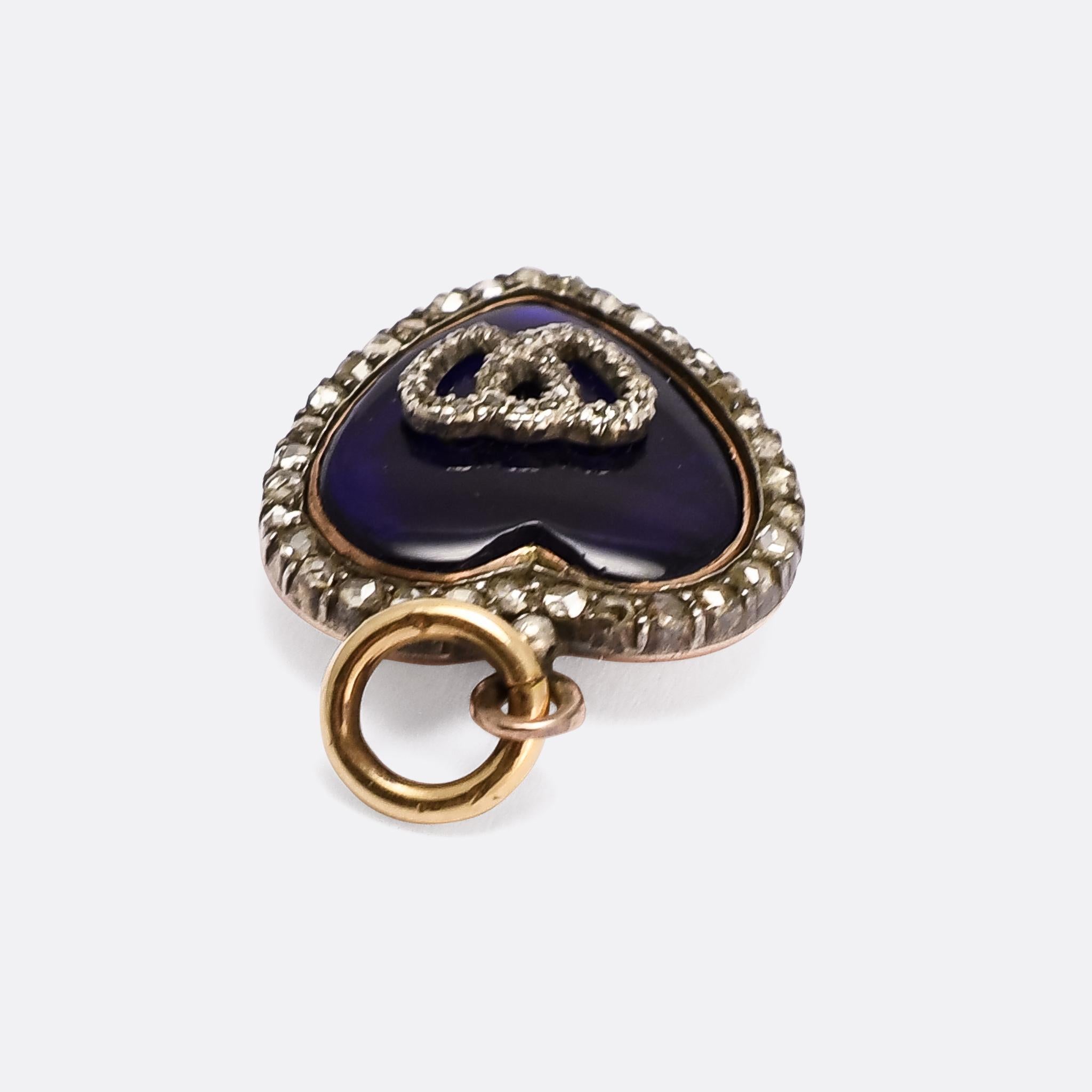 Women's Antique Early Victorian Diamond Enamel Double Heart Pendant
